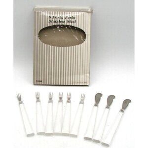 Acrylic Party Flatware Stainless Steel Clear MCM NIB Vtg Forks (6) Speaders (3)